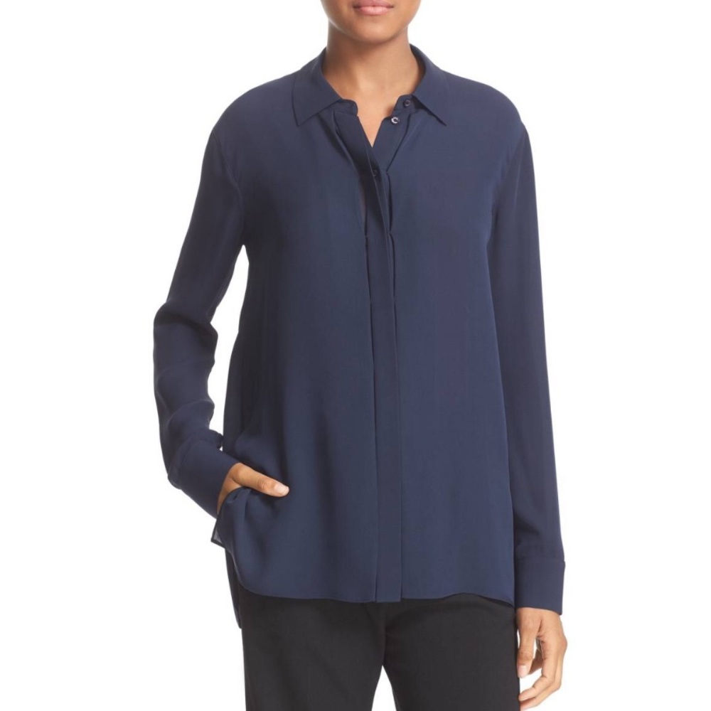 Vince 100% Silk Concealed Button Down Blue L - Picture 1 of 7